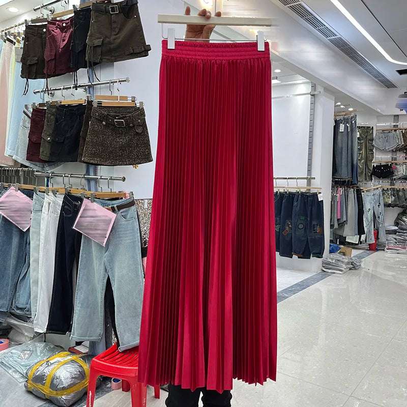 98cm Basics Maxi Pleated Skirt for Women New Korean Casual All-match Solid A Line High Waist Long Maxi Skirt Female