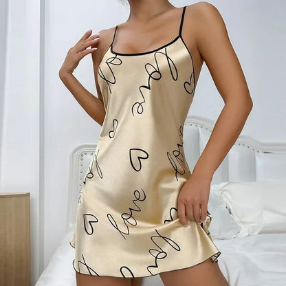 Heart Print Cross Tie Straps Satin Fabric Pajamas Sets Nightdress Casual Round Neck Strap Sleep Dress Women's Sleepwear Dresses