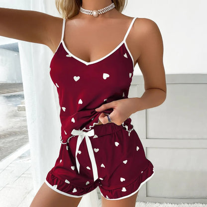 Women Sleepwear Summer 2 Piece Pajamas Set Spaghetti Strap Vest Top and Shorts Soft Casual Cute Printed Longewear
