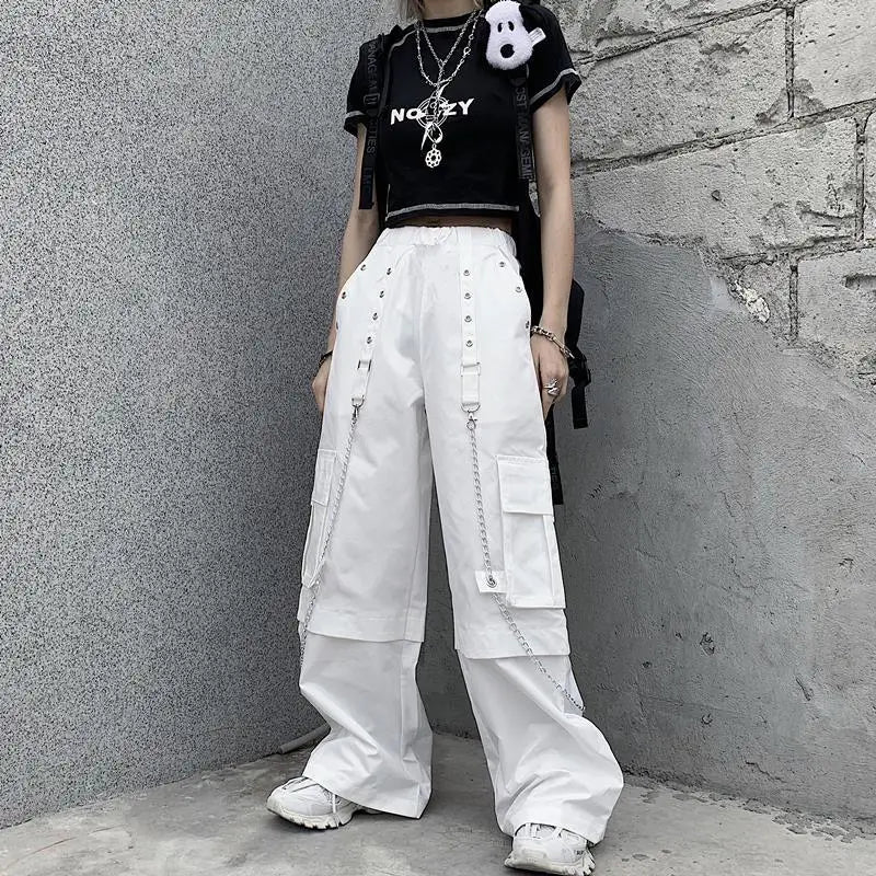 Women Trendy Vintage Casual Streetwear Pocket Cargo Pants Y2K Female High Waist White Hip Hop Loose Trousers Straight Pantalones