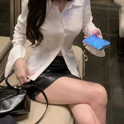 Sexy Slim Flared Sleeve Women's Shirt Solid Lapel Single-breasted Back Bandage Tunic Female Blouses Spring Trend New Lady