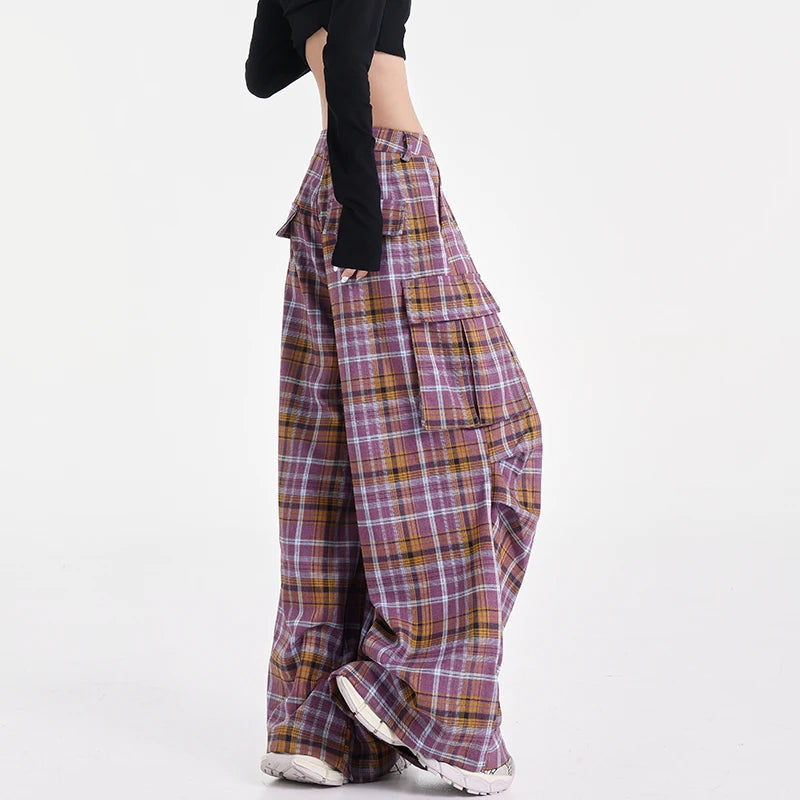 Summer Women Harajuku Fashion Plaid Pants Vintage Y2k Japanese Streetwear 2000s Baggy Pantalones Loose Casual Long Trousers Kpop