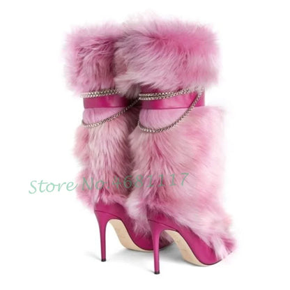 Pink Fur Pointy Knee High Boots Women Trends Luxury Fluff Metal Chain Winding High Heels Boots Winter Female Fashion Snow Boots