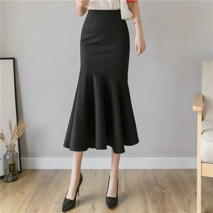 Seoulish Ruffles Solid Color Women's Skirts 2024 New Spring Summer Elegant High Waist Office Ladies Style Pencil Midi Skirts