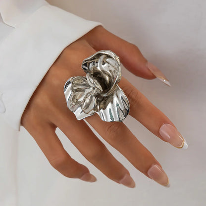 Exaggerated Big Flower Geometric Metal Gold Silver Color Open Ring Women Goth Punk Couple Adjustable Knuckle Joint Rings Jewelry