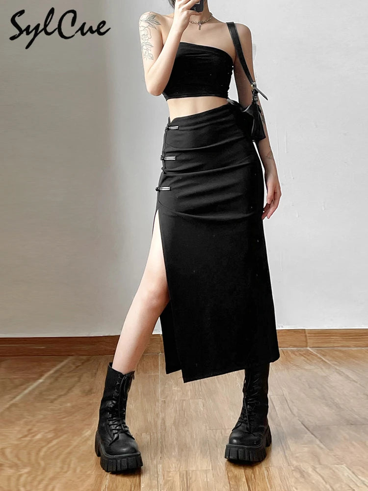 Nibber Black Sexy Split Simple Casual All-Match Hot Street Outing Cool Mature Vitality Personality Trend Basic Women'S Skirt