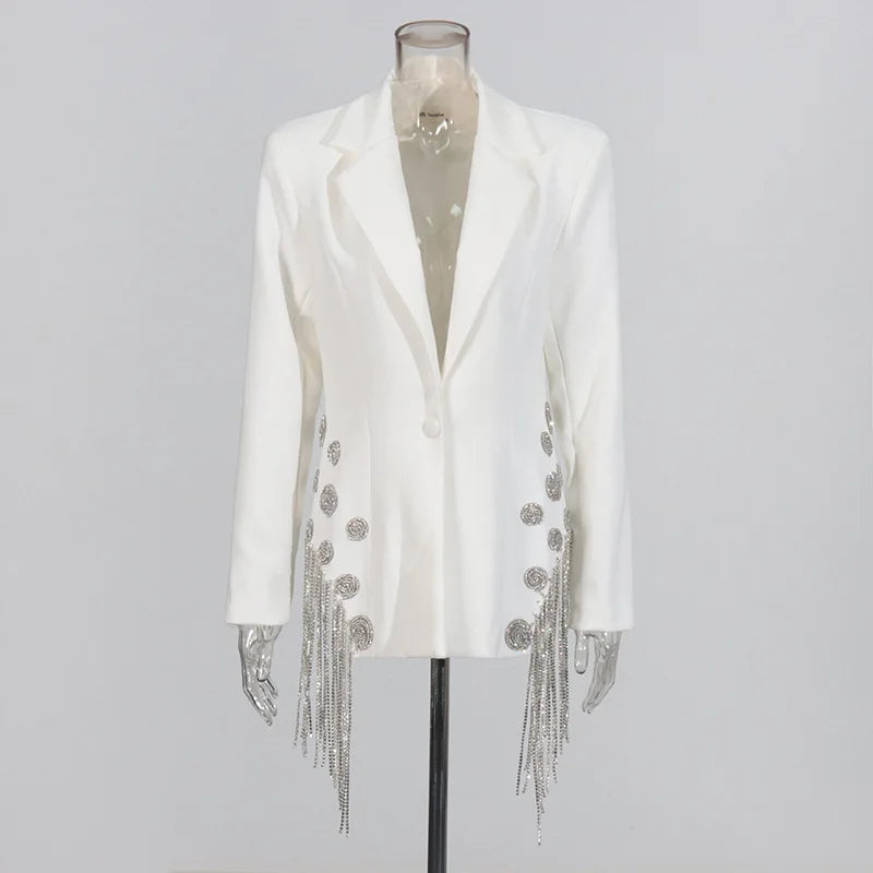 ZMEENNA White Blazer Notched Collar Single Button Patchwork Metal Tassel Jackets For Women 2025 Spring Fashion New Coats ZM628