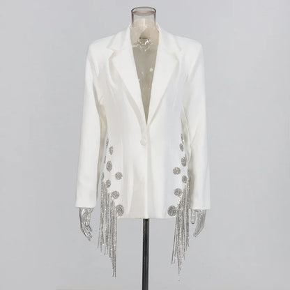 ZMEENNA White Blazer Notched Collar Single Button Patchwork Metal Tassel Jackets For Women 2025 Spring Fashion New Coats ZM628