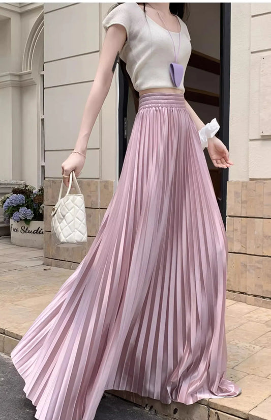 98cm Basics Maxi Pleated Skirt for Women New Korean Casual All-match Solid A Line High Waist Long Maxi Skirt Female