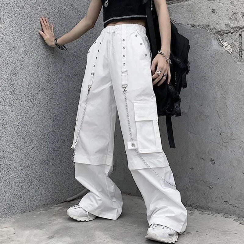 Women Trendy Vintage Casual Streetwear Pocket Cargo Pants Y2K Female High Waist White Hip Hop Loose Trousers Straight Pantalones