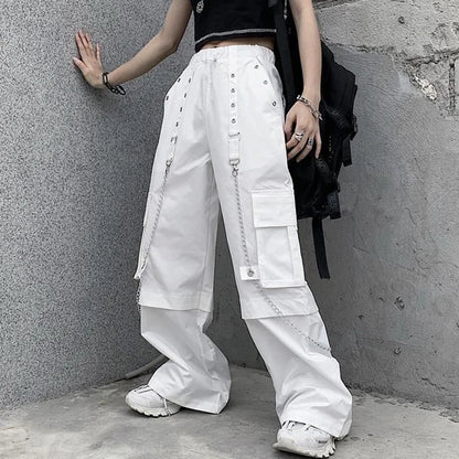 Women Trendy Vintage Casual Streetwear Pocket Cargo Pants Y2K Female High Waist White Hip Hop Loose Trousers Straight Pantalones
