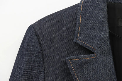 HH Female Spring Vintage Denim Blazer Long Sleeves Turn Down Collar Single Breasted Fake Pockets Street Fashion Coats