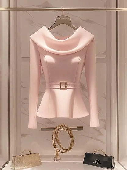 Luxury Socialite Style Pink Long Sleeve Shirt for Women Clothing Autumn Korean Chic Gentle Waist Slimming Pullovers Women Tops