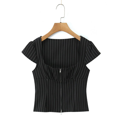 2025 Sexy Striped Square Collar Short Puff Sleeve Shirt Women Front Ruched Chest Double Zip up Front Slim Waist Crop Tops
