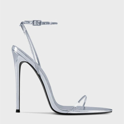 New black flat sandals with slim heels and sexy temperament, pointed high-heeled sandals for women, worn in plus sizes 33-46