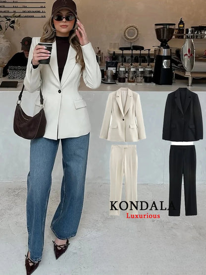 KONDALA Vintage Chic Office Lady Solid Women Suit Pockets V Neck Blazer Straight Loose Pants New Fashion 2025 Spring Autumn Sets