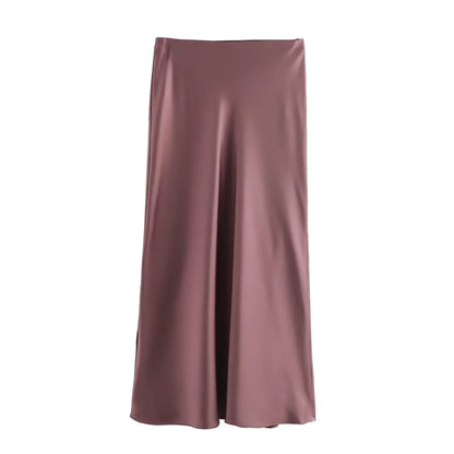 2024 Spring Summer New Women's High-Waisted Skirt European Style Silk-Satin Feeling Long Dress Solid Color Simple Design