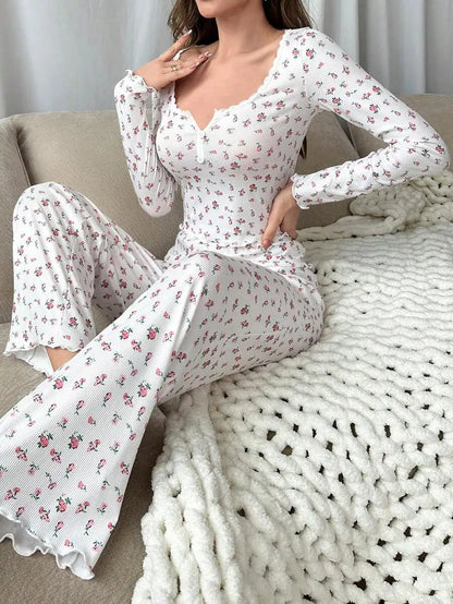 New Women Soft Comfortable sexy Floral Print Pajama Set Long Sleeve Top and Pants Loungewear Sleepwear Two Piece Set Homewear
