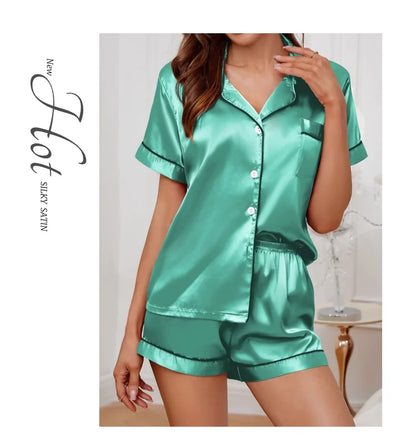 Women's Lapel Neck Sleepshirt Sleepwear Summer Satin Pajamas Set Casual Short Sleeve Buttons Top And Elastic Shorts Lounge Set