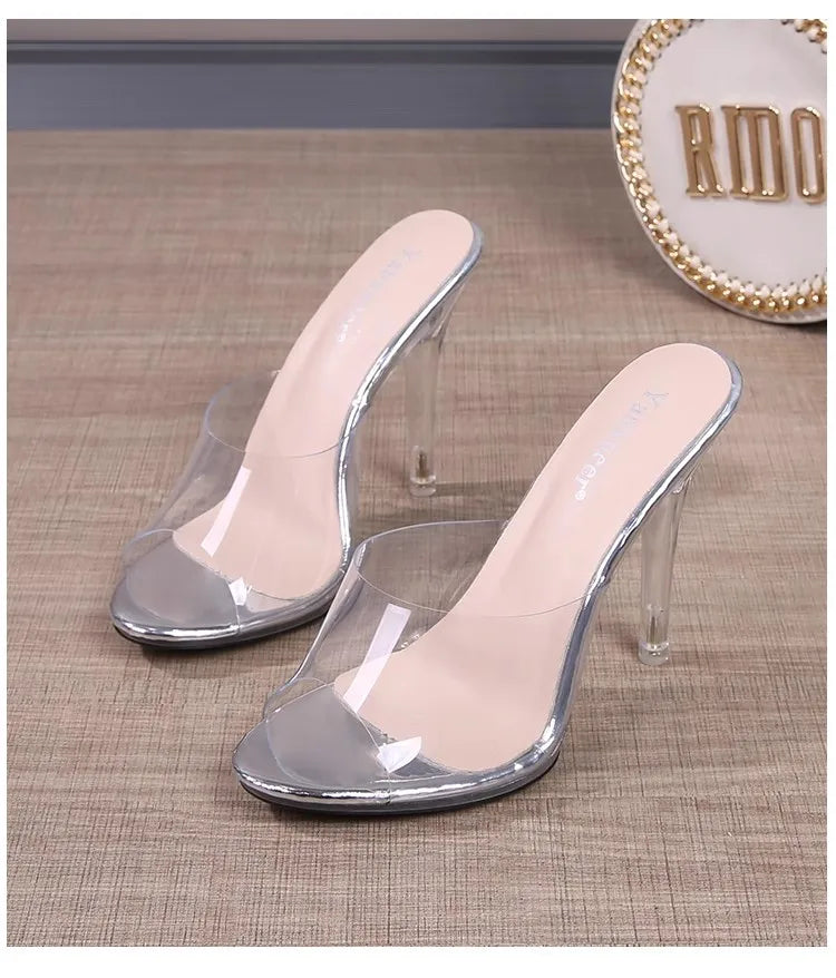 11CM Modern Slippers For Women 2024 Summer New Transparent Sandals Sexy Thin High Heels CRYSTAL Woman Shoes Outside Size 43 Gold
