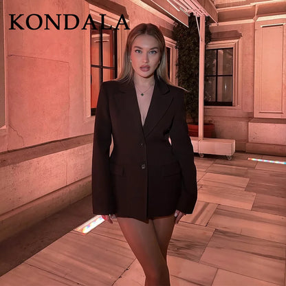 KONDALA 2025 Fall Winter Brown Elegant Office Lady Suits Fashion Shrug Pockets Blazers Elegant Zipper Skirts Chic Baggy Pants