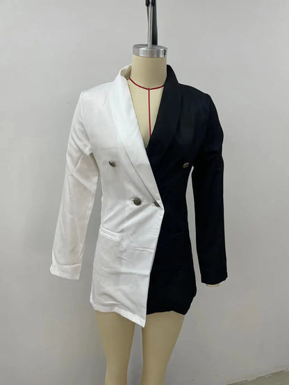 Women Blazer Elegant Office Lady Suit Thin Spring V-neck Female Long Sleeve New Patchwork Slim OL Double Breasted Dress Coat