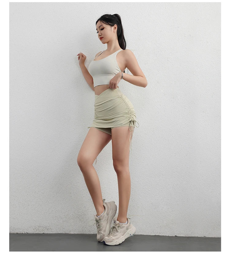 Women'S Drawstring High-Waisted Skirt Women Running Anti-Go Naked Yoga Shorts Full Fitness Tennis Sports Shorts