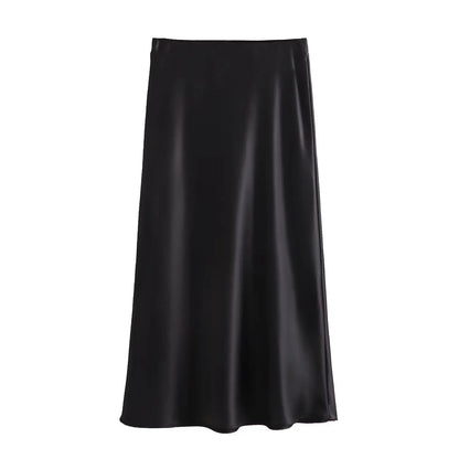 2024 Spring Summer New Women's High-Waisted Skirt European Style Silk-Satin Feeling Long Dress Solid Color Simple Design