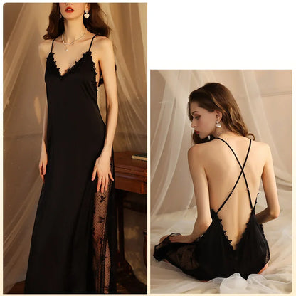White Fashion Sexy Lounge Lace Nightgown Woman Negligee Women Dress Long Side Mesh Patchwork Extreme Sexy Nightgown Black FG485