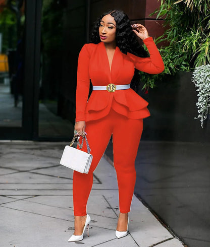 2025 Women's Formal Set 2PCS Tracksuit Full Sleeve Ruffles Blazers Pencil Pants Suit Two Piece Set Office Lady Outfits Uniform