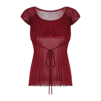 Women Summer Y2K Aesthetic Tops Lace Trim Cap Sleeve Low Cut Shirts Vintage Casual Sexy Tops and Blouses Female