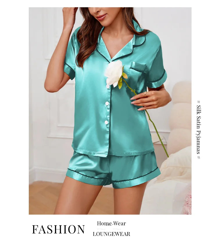 Women's Lapel Neck Sleepshirt Sleepwear Summer Satin Pajamas Set Casual Short Sleeve Buttons Top And Elastic Shorts Lounge Set
