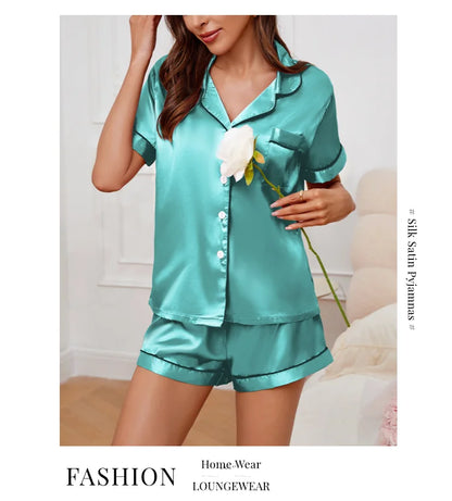 Women's Lapel Neck Sleepshirt Sleepwear Summer Satin Pajamas Set Casual Short Sleeve Buttons Top And Elastic Shorts Lounge Set