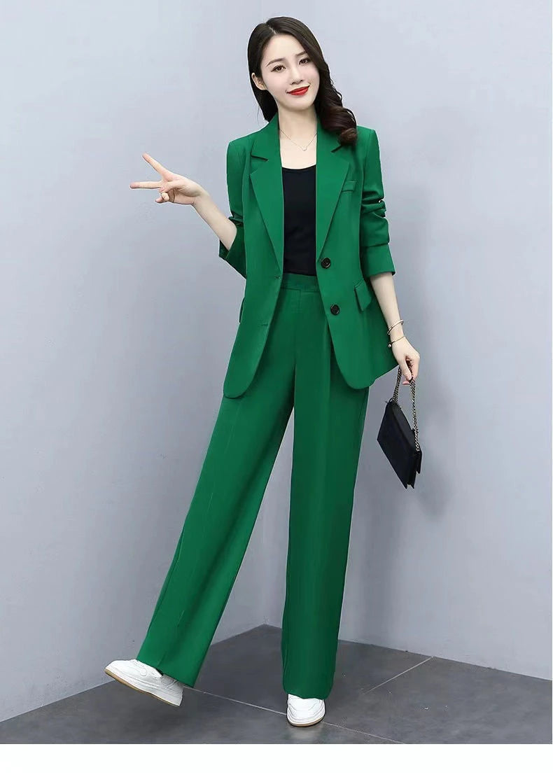 Spring Autumn Thin Women's Blazers Long Pants 2 Piece Set Korean Office Lady Casual Loose Suit Jacket Trousers Outfits Pantsuits