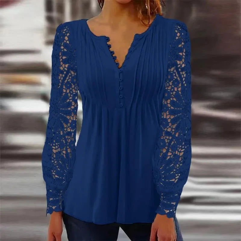 2025 European and American Spring and Autumn Fashion New Women's Lace Frill Sleeve Pleated Solid Color Button T-shirt Base Shirt