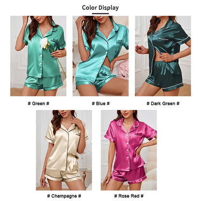 Women's Lapel Neck Sleepshirt Sleepwear Summer Satin Pajamas Set Casual Short Sleeve Buttons Top And Elastic Shorts Lounge Set
