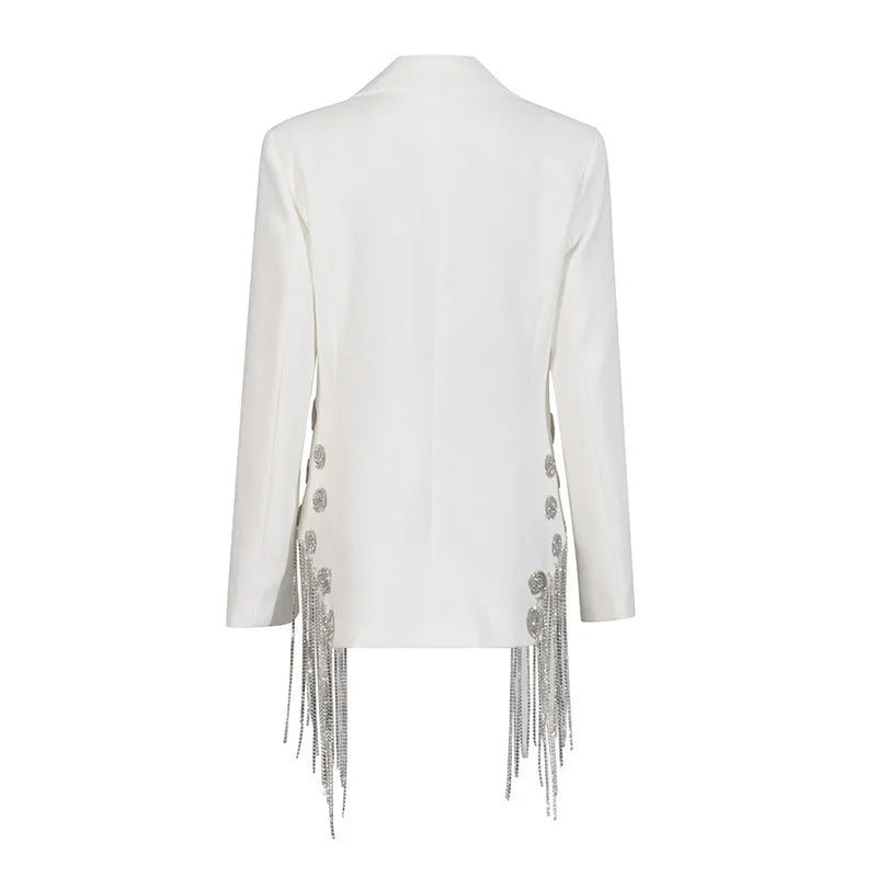 ZMEENNA White Blazer Notched Collar Single Button Patchwork Metal Tassel Jackets For Women 2025 Spring Fashion New Coats ZM628