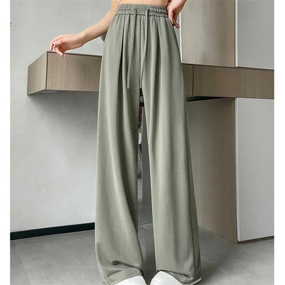 2024 New Summer Women's Casual Pants High Waist Solid Minimalism Loose Floor Length Wide Leg Trousers Female