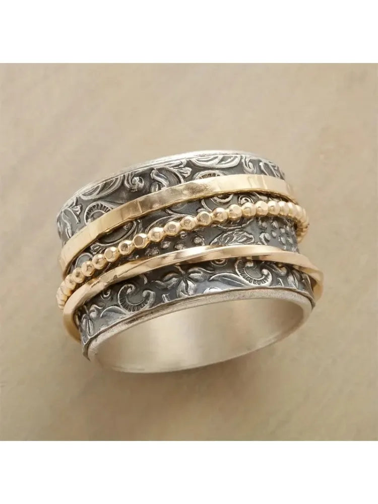 Bohemian geometric three-layer ring wide-sided ring retro timeless pattern ring couple jewelry