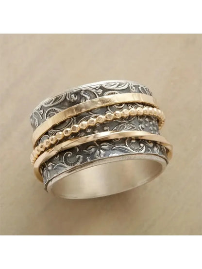 Bohemian geometric three-layer ring wide-sided ring retro timeless pattern ring couple jewelry