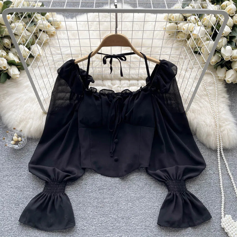 French Chic Halter Blouses Femininas Bow Flare Sleeve Short Tops Dames HighStreet Blusa Mujer Casual Shirts Clothes Dropshipping