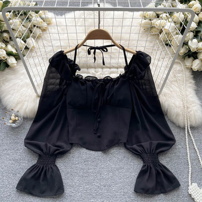 French Chic Halter Blouses Femininas Bow Flare Sleeve Short Tops Dames HighStreet Blusa Mujer Casual Shirts Clothes Dropshipping