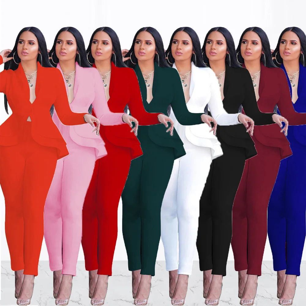 2025 Women's Formal Set 2PCS Tracksuit Full Sleeve Ruffles Blazers Pencil Pants Suit Two Piece Set Office Lady Outfits Uniform