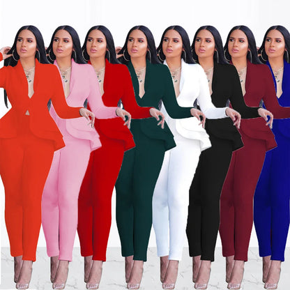 2025 Women's Formal Set 2PCS Tracksuit Full Sleeve Ruffles Blazers Pencil Pants Suit Two Piece Set Office Lady Outfits Uniform