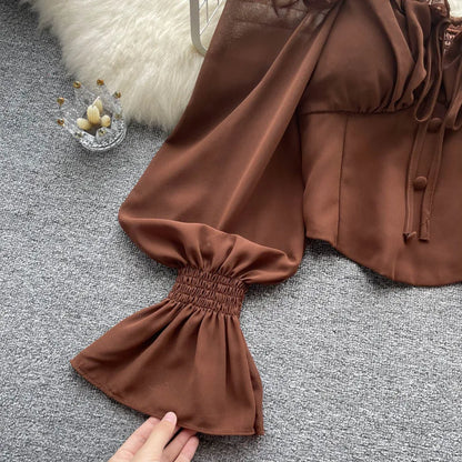 French Chic Halter Blouses Femininas Bow Flare Sleeve Short Tops Dames HighStreet Blusa Mujer Casual Shirts Clothes Dropshipping