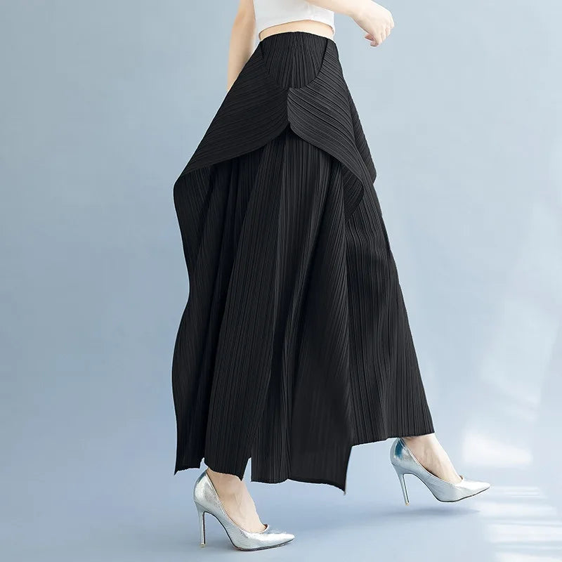 Miyake 2025 New Pleated Pants Irregular Wide-legged Pants Simple Loose Large Size with Elastic Formal Occasions Commuter Women's