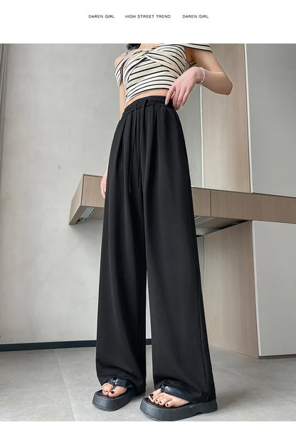 2024 New Summer Women's Casual Pants High Waist Solid Minimalism Loose Floor Length Wide Leg Trousers Female