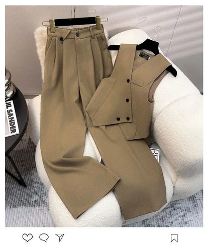Simple Sleeveless Suit Vest Casual Wide Leg Pants Two-piece Set for Women 2025 New Elegant Suit Set