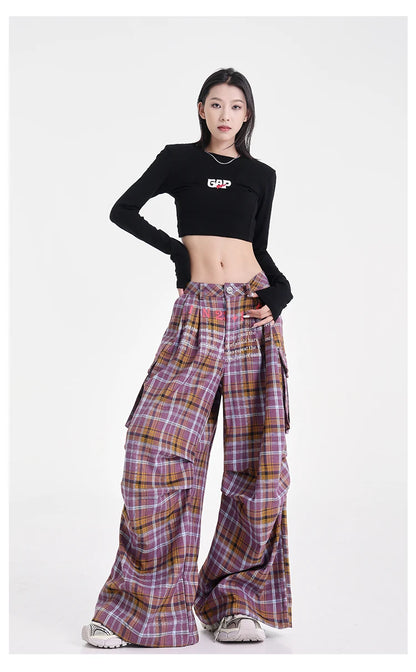 Summer Women Harajuku Fashion Plaid Pants Vintage Y2k Japanese Streetwear 2000s Baggy Pantalones Loose Casual Long Trousers Kpop