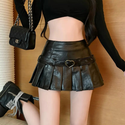 Vintage High-Waisted PU Leather Mini Dress Slimming American Style Sexy Pleated Skirt Autumn/Winter New Arrival